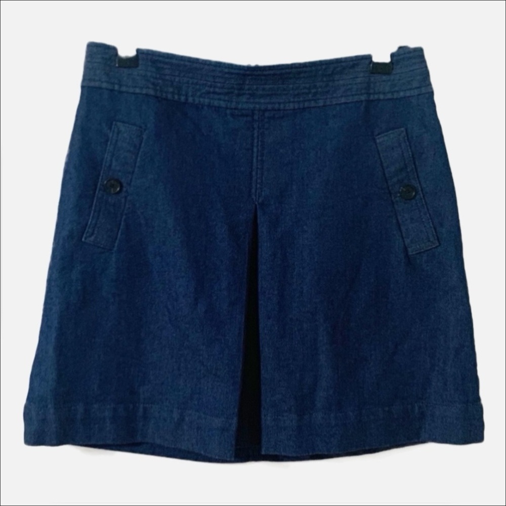 Ann Taylor LOFT Jersey Knit Denim Skirt Front Pleat Pockets Invisible Back Zip